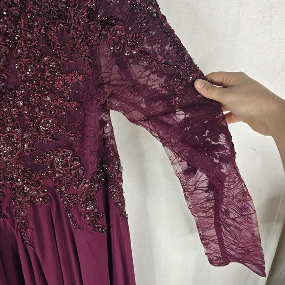 Mac Duggal size 20 Illusion Vneck Longsleeve Berry Wine Burgundy Dress  20388 - threedaughtersproperties.com